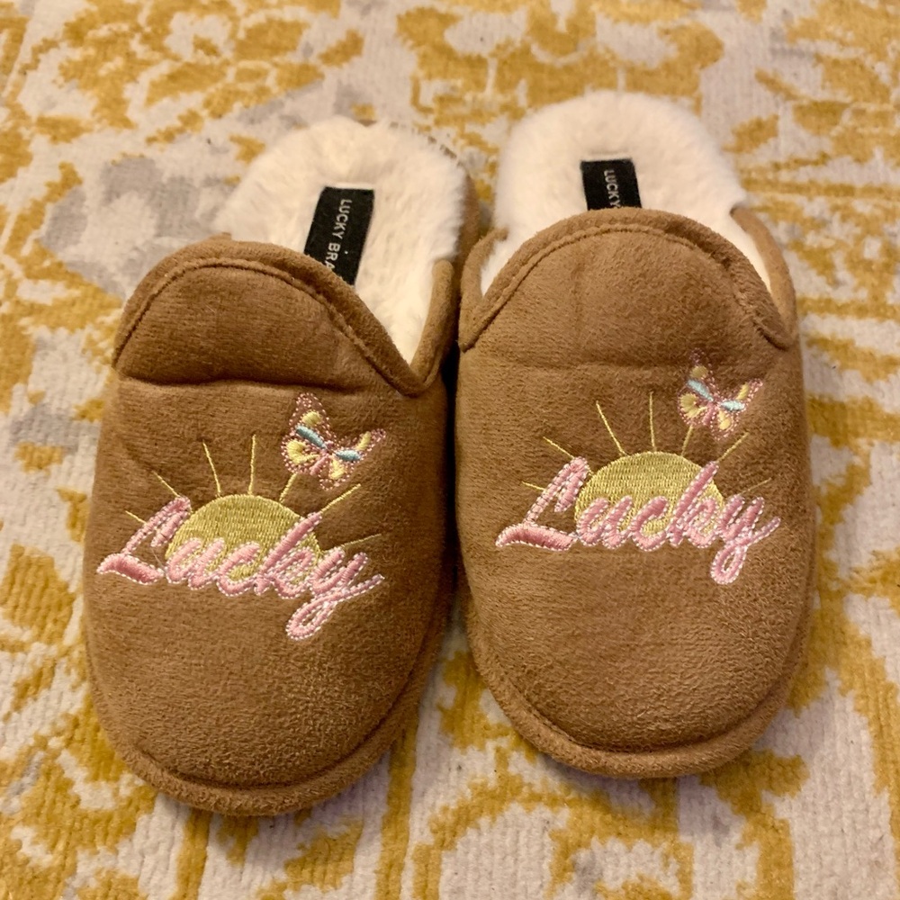 Lucky Brand Tan Kids Faux Fur Slippers with Butterfly Embroidery